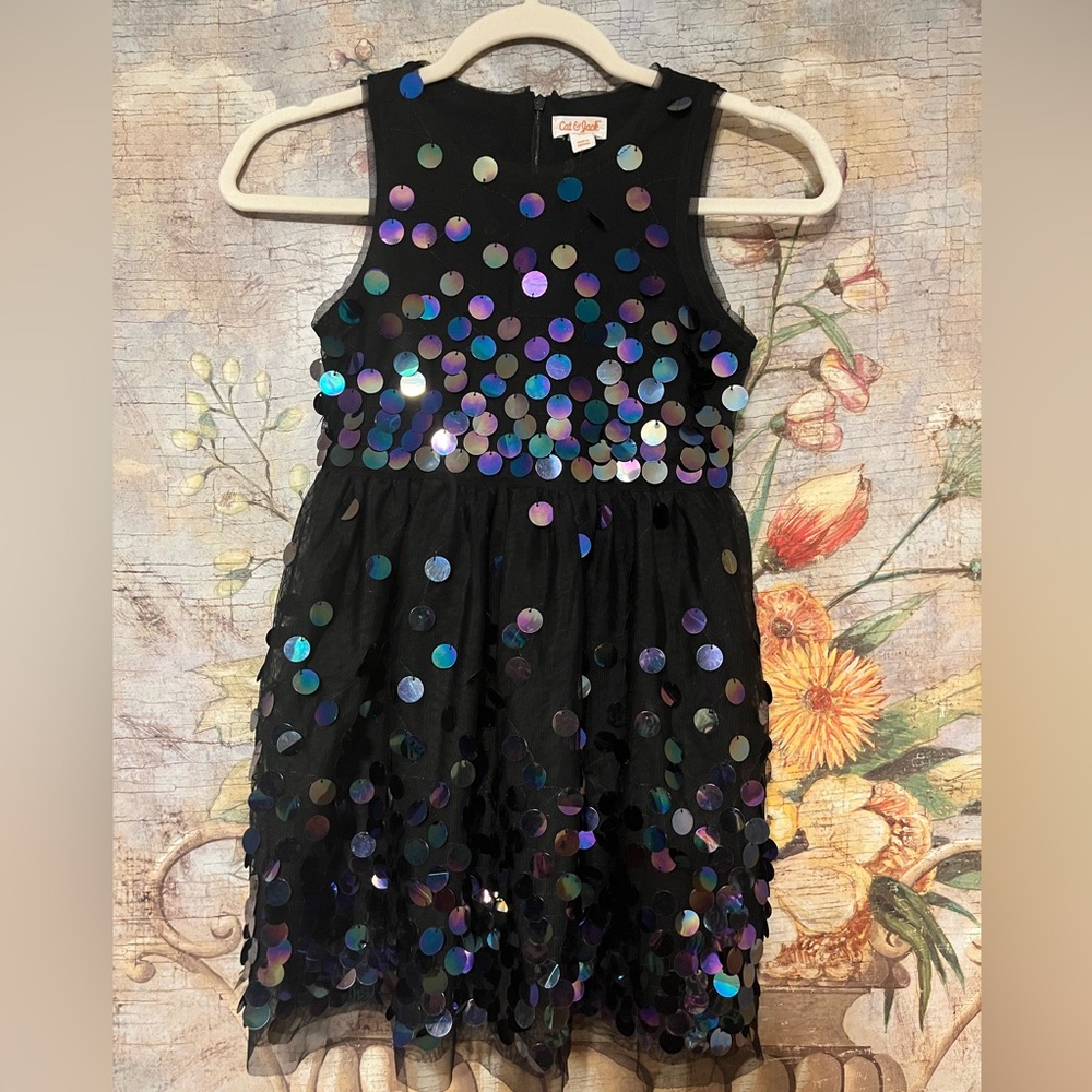 Sz M 7/8 Cat & Jack Black Opal Sequins Mesh Tulle Dress